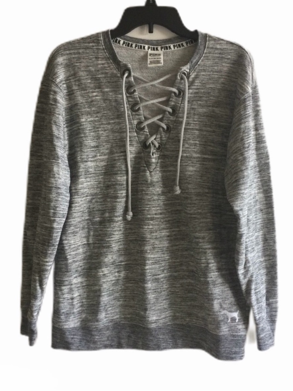 PINK Lace-Up Heather Gray Pullover Sweatshirt
